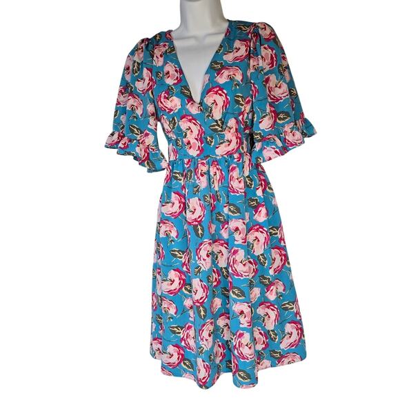 Betsey Johnson Dresses & Skirts - Betsey Johnson Floral Printed Dress Bell Sleeve Surplice‎ Blue Pink Size 8